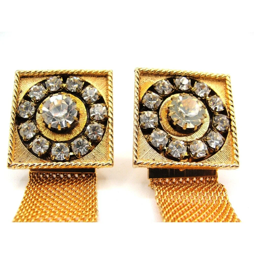 Vintage SWANK Gold Square Rhinestone Mesh Wrap Around Cufflinks Mid Century Glam